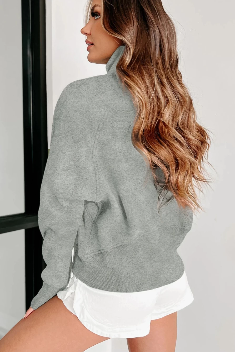 Shewin Women's Gray Ribbed Zip-Up Stand Collar Sweatshirt with Thumbhole Sleeves