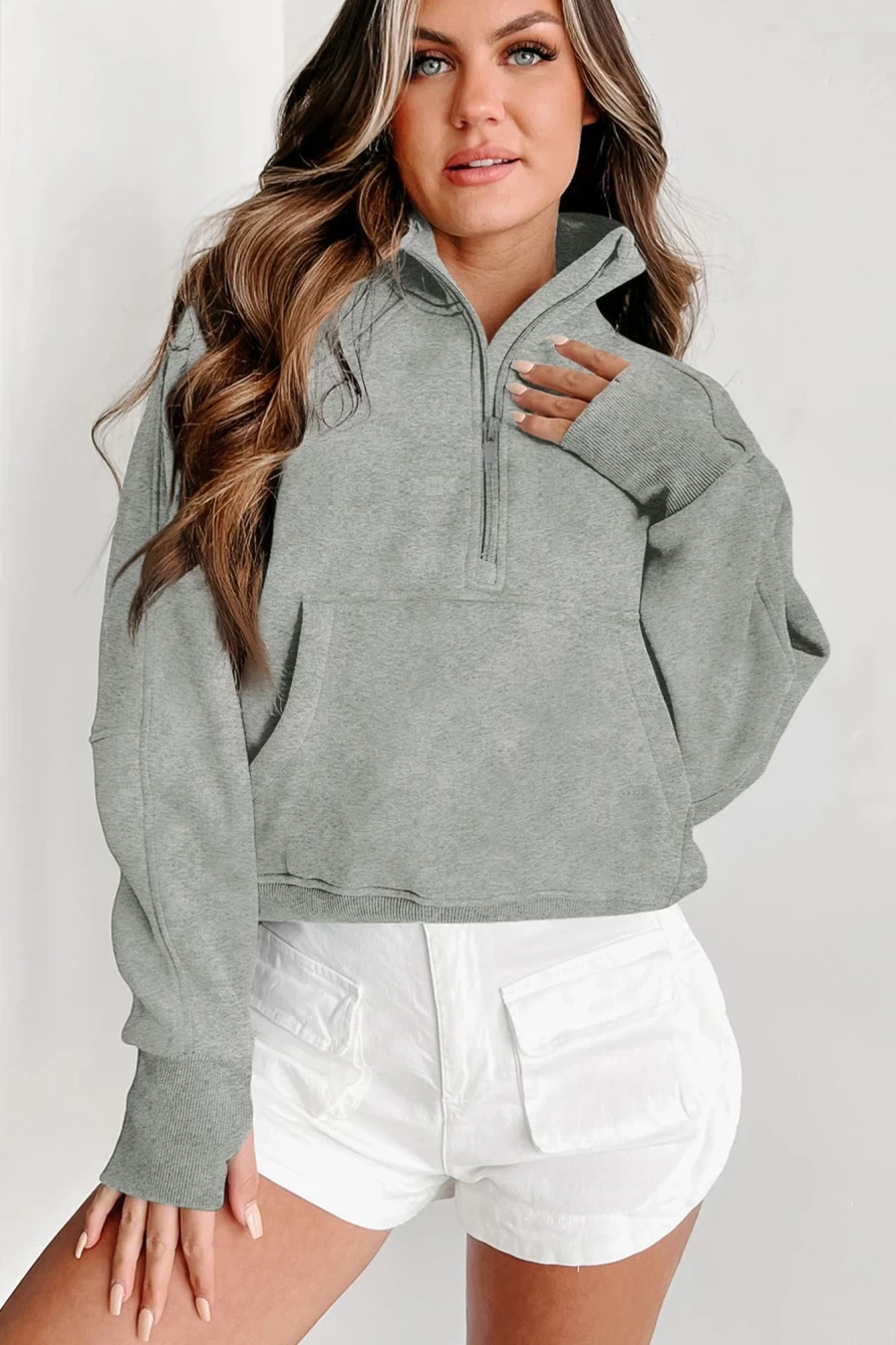 Shewin Women's Gray Ribbed Zip-Up Stand Collar Sweatshirt with Thumbhole Sleeves