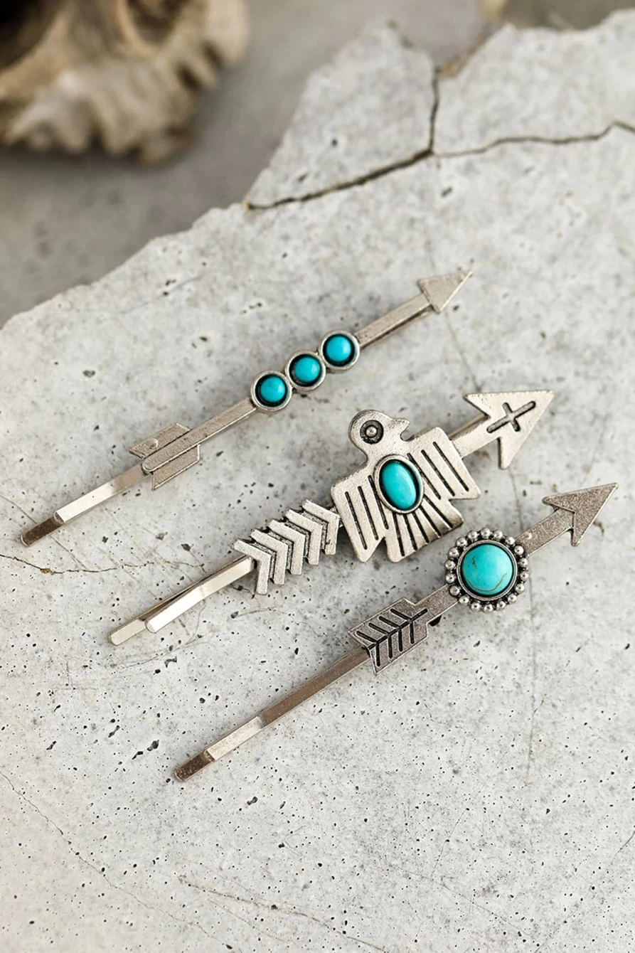 3Pcs Shewin Silvery Arrow Hair Clips Set for Women - Vintage Turquoise Hair Accessories