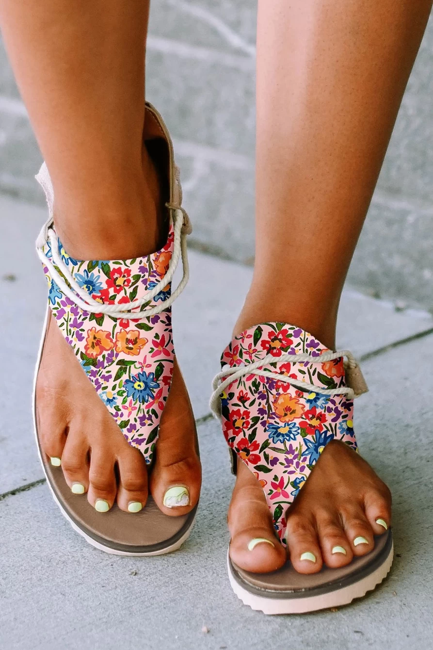 Shewin Women's Multicolor Floral Print Zipped Flip Flop Sandals