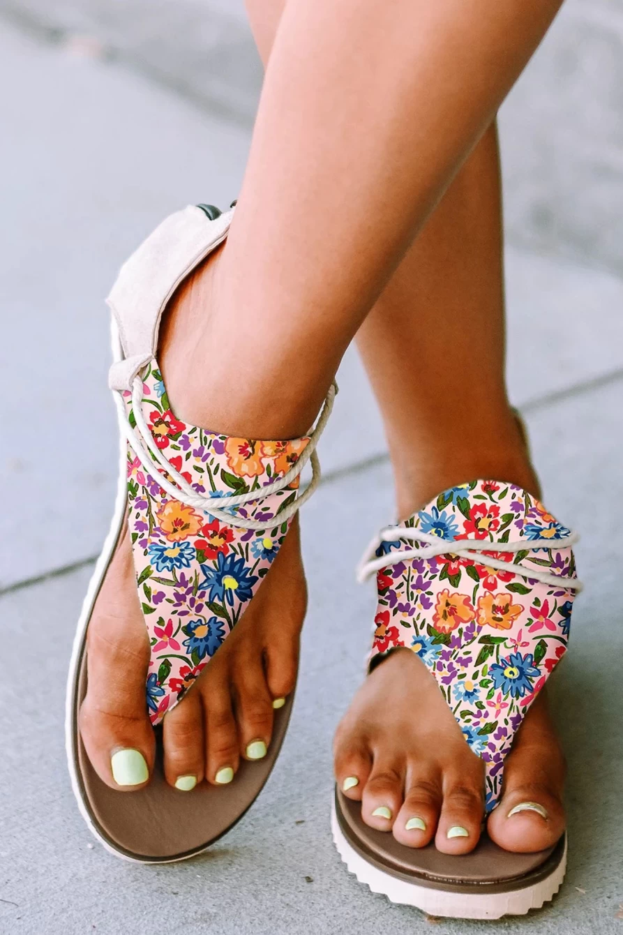 Shewin Women's Multicolor Floral Print Zipped Flip Flop Sandals