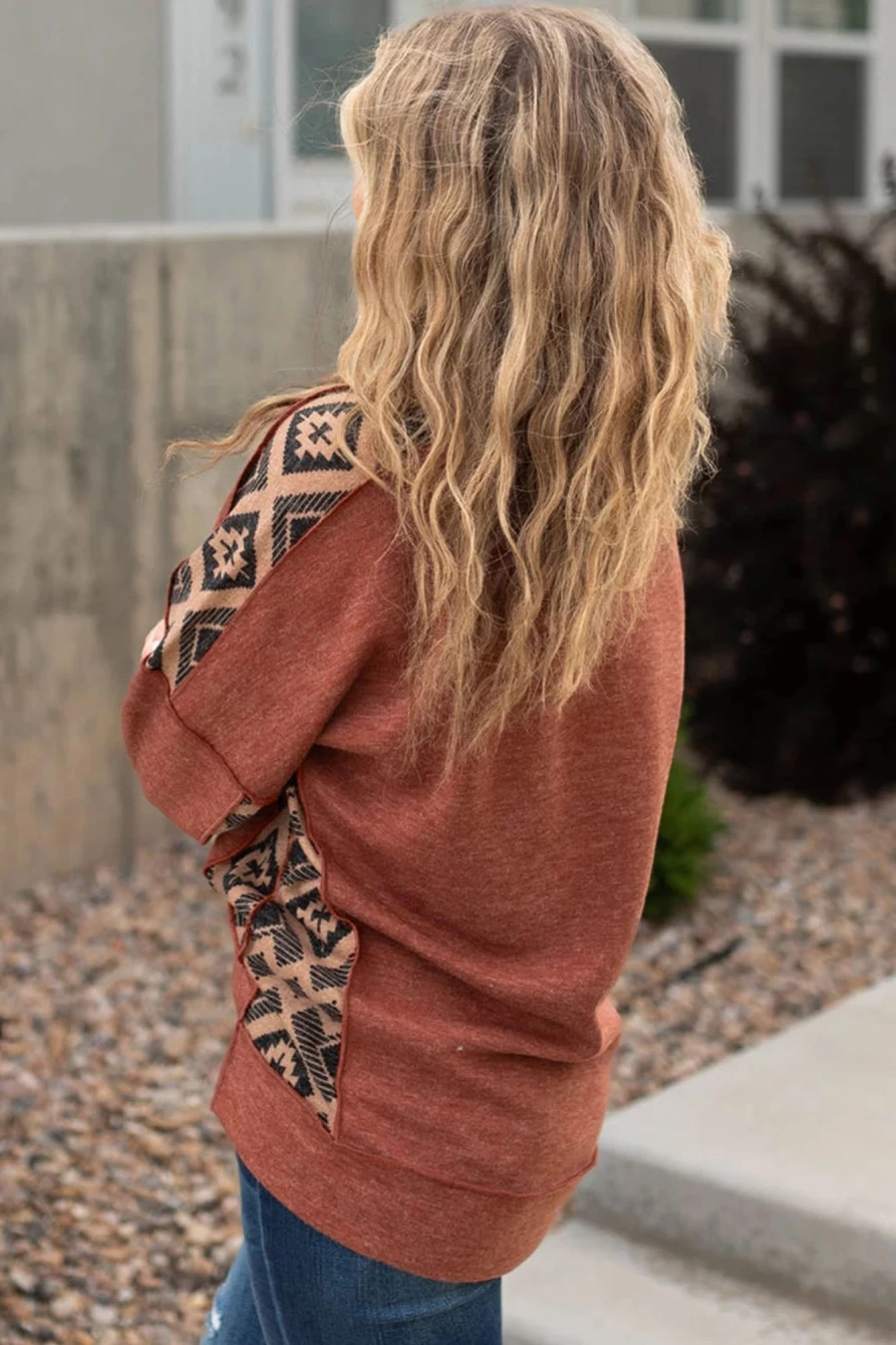 Shewin Women's Chestnut Geometric Patchwork Long Sleeve Top with Side Slits