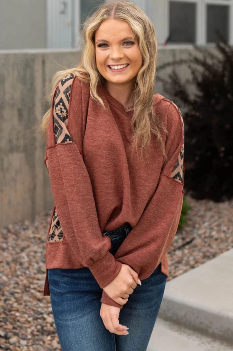 Shewin Women's Chestnut Geometric Patchwork Long Sleeve Top with Side Slits