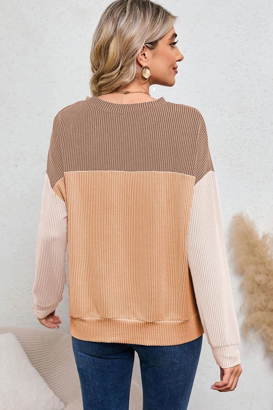 Shewin Women's Khaki Color Block Loose Long Sleeve Top
