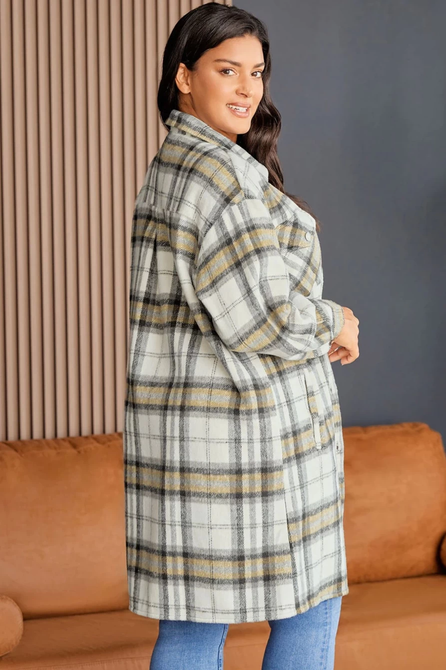 Shewin Women's Plus Size Multicolor Plaid Shacket with Pockets and Side Slits
