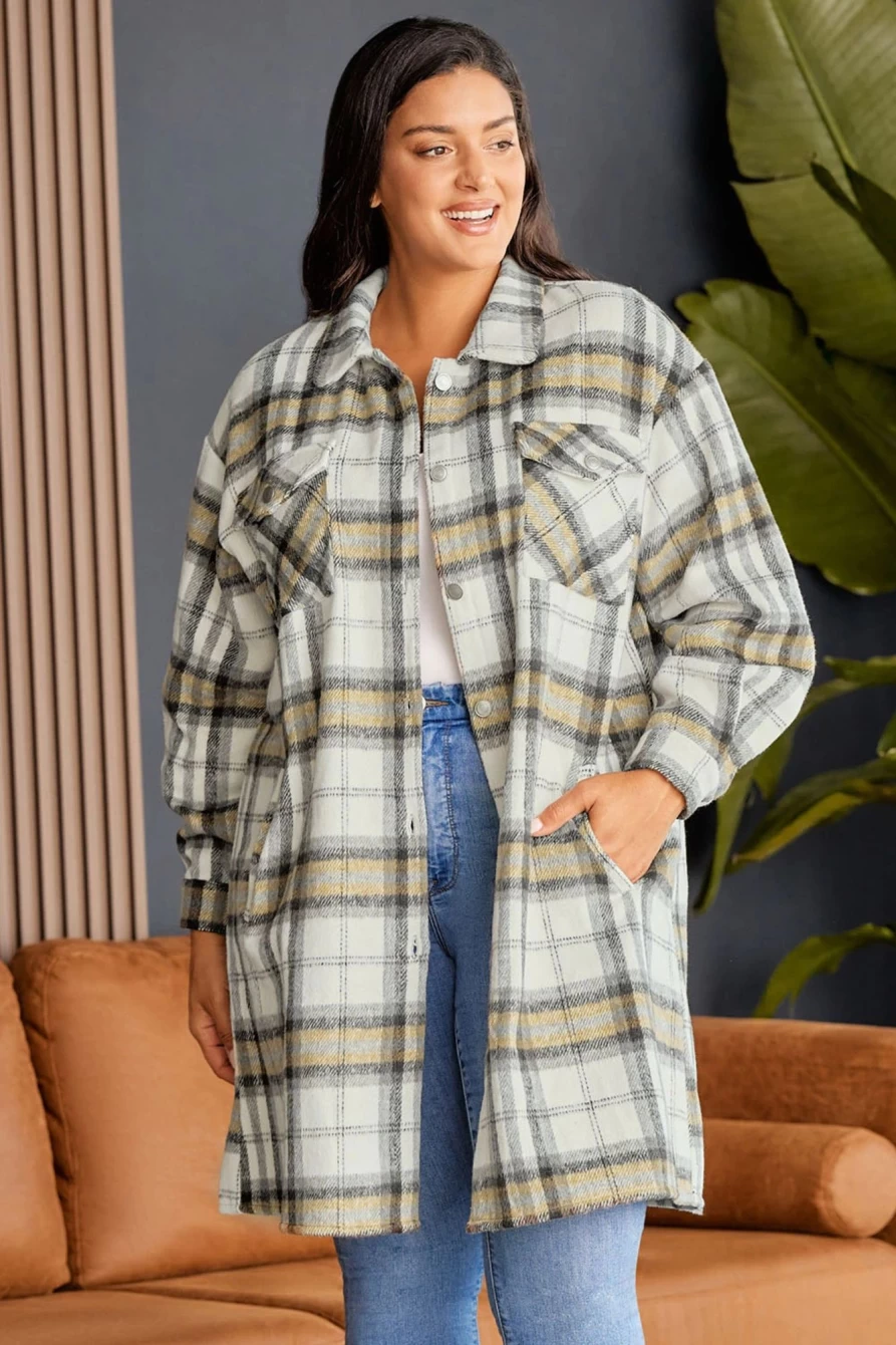 Shewin Women's Plus Size Multicolor Plaid Shacket with Pockets and Side Slits