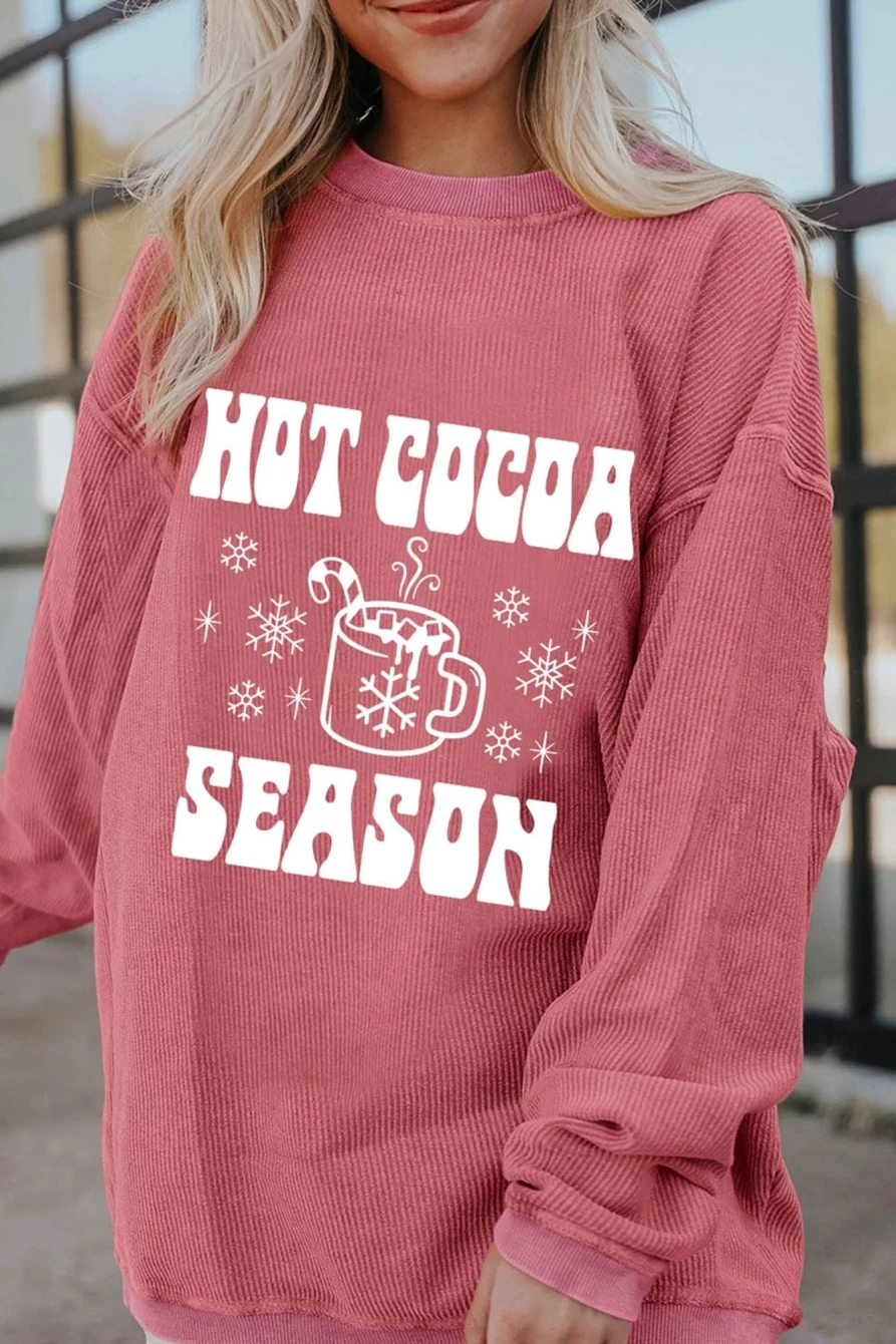 Shewin Women's Strawberry Pink Snowflake Graphic Hot Cocoa Sweatshirt - Cozy Corded Winter Pullover