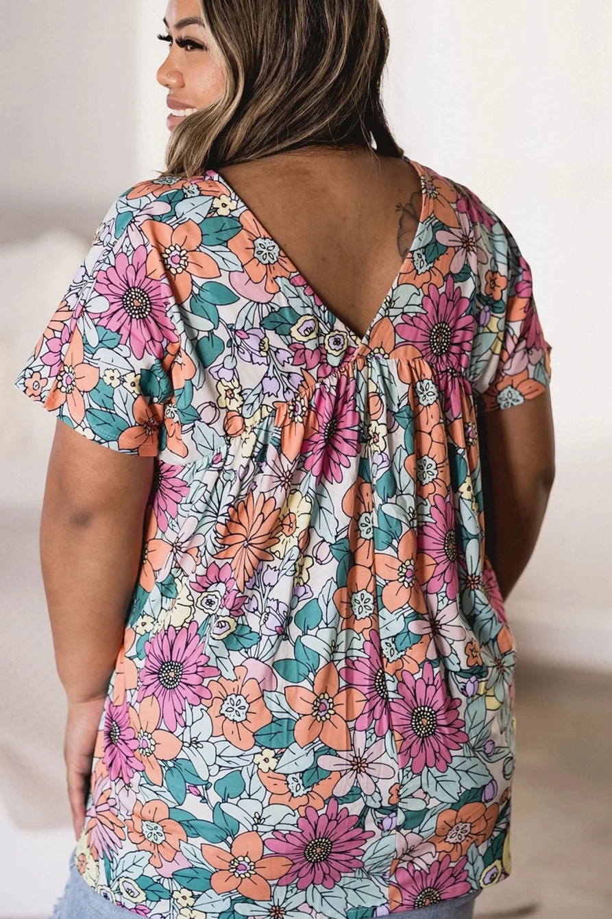 Shewin Women's Plus Size Floral Print Multicolor V-Neck Short Sleeve Blouse