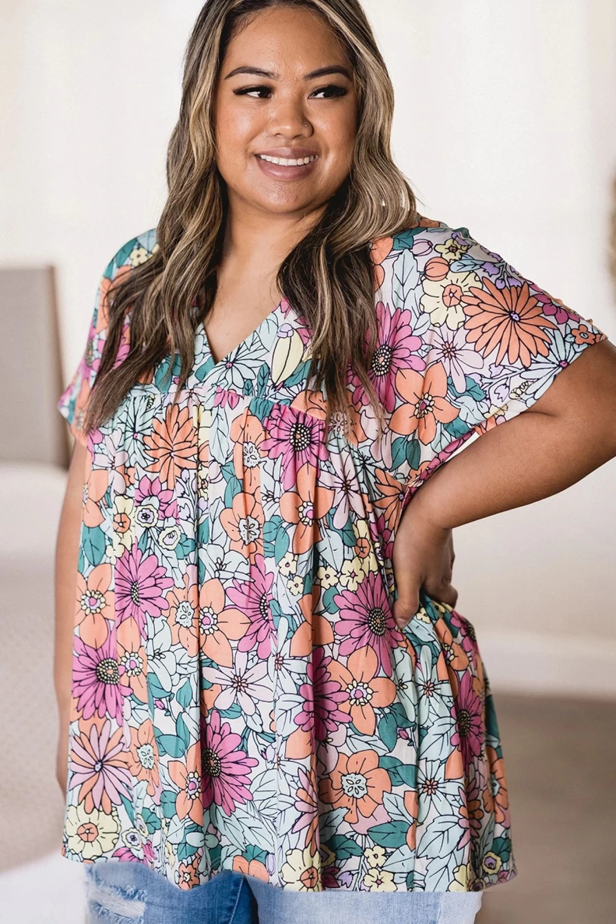 Shewin Women's Plus Size Floral Print Multicolor V-Neck Short Sleeve Blouse