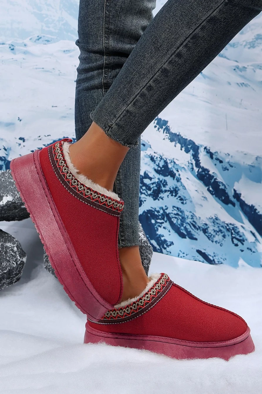 Shewin Women's Fiery Red Suede Flats with Contrast Print & Plush Lining - Round Toe Comfort Shoes