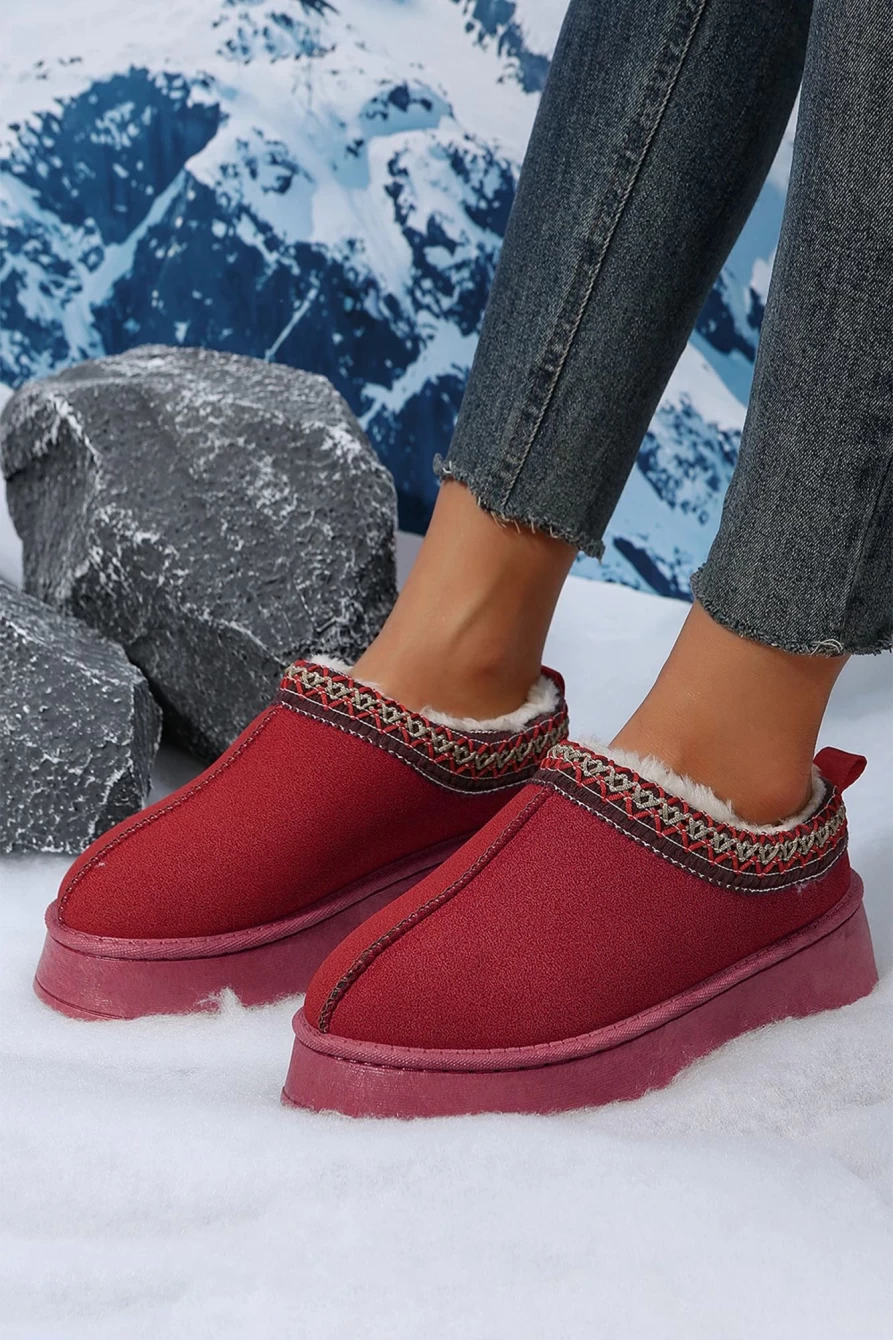 Shewin Women's Fiery Red Suede Flats with Contrast Print & Plush Lining - Round Toe Comfort Shoes