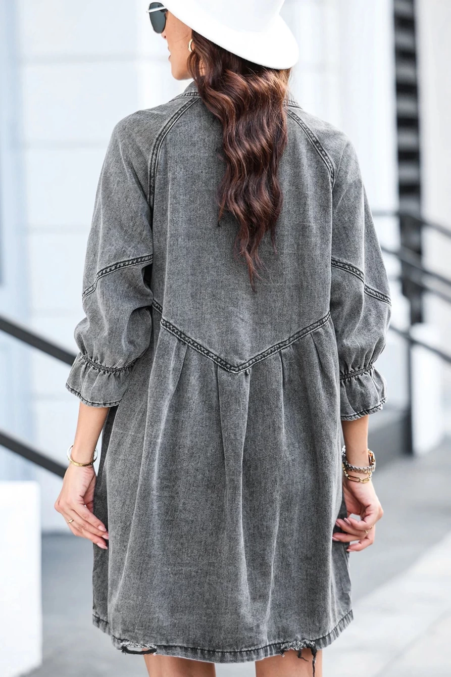 Shewin Women's Gray Denim Dress with Sequin Cartoon Graphic Long Sleeves