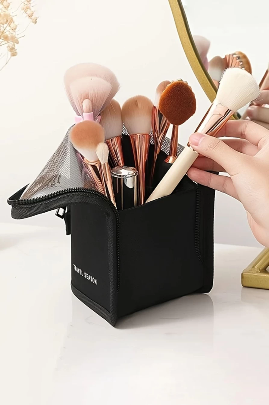 Shewin Women's Black Travel Cosmetic Bag with Mesh & Zipper Design - Print Zipped Makeup Pouch for Toiletries