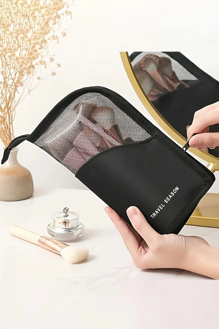 Shewin Women's Black Travel Cosmetic Bag with Mesh & Zipper Design - Print Zipped Makeup Pouch for Toiletries