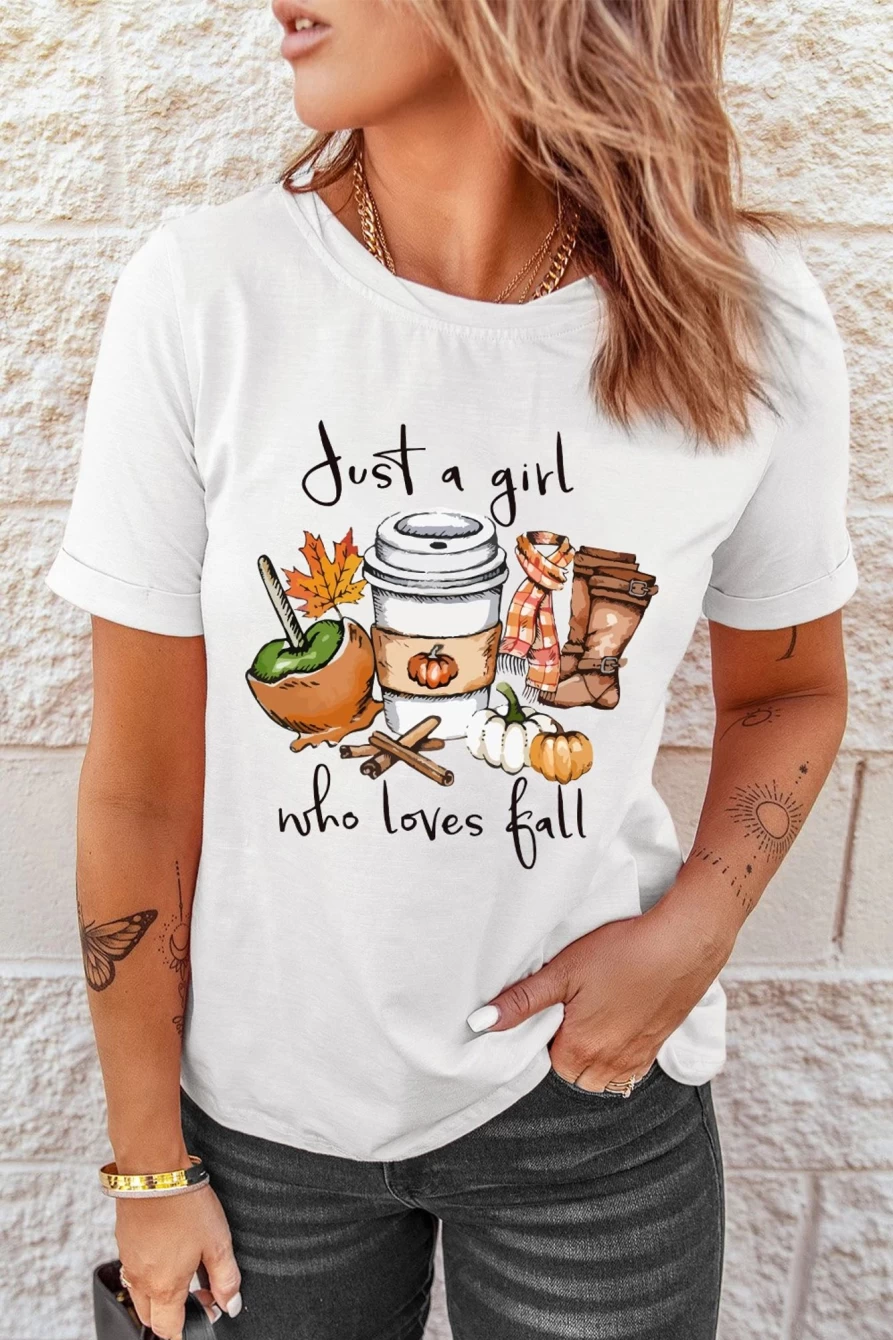 Shewin Women's White Fall Vibe Graphic Print Crew Neck T-Shirt | Trendy Seasonal Tee