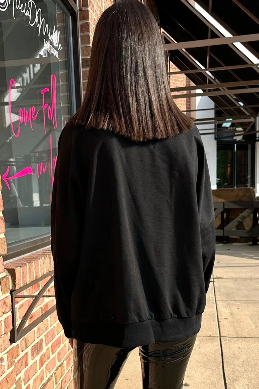 Shewin Women's Black Sequin Fringed Rugby Drop Shoulder Graphic Sweatshirt