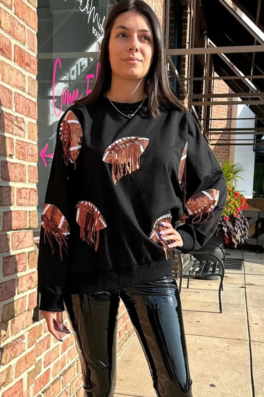 Shewin Women's Black Sequin Fringed Rugby Drop Shoulder Graphic Sweatshirt