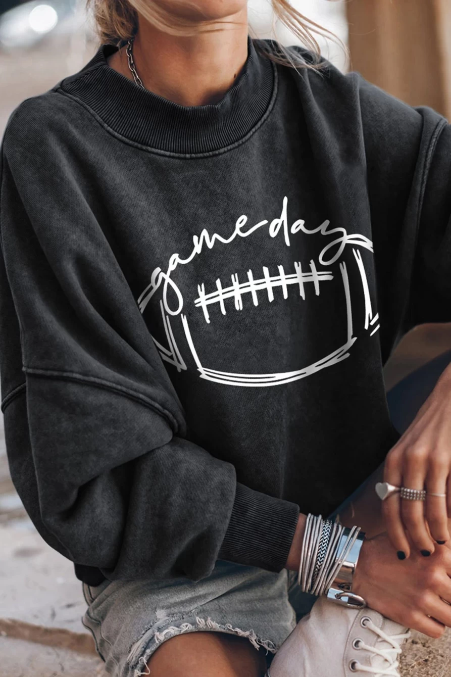 Women's Shewin Black Rugby Game Day Graphic Pullover Sweatshirt