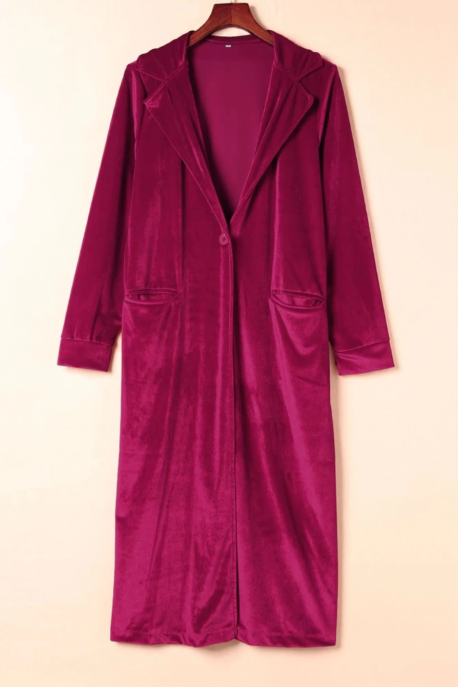 Shewin Women's Red Velvet Casual Long Coat with Lapel Pocket