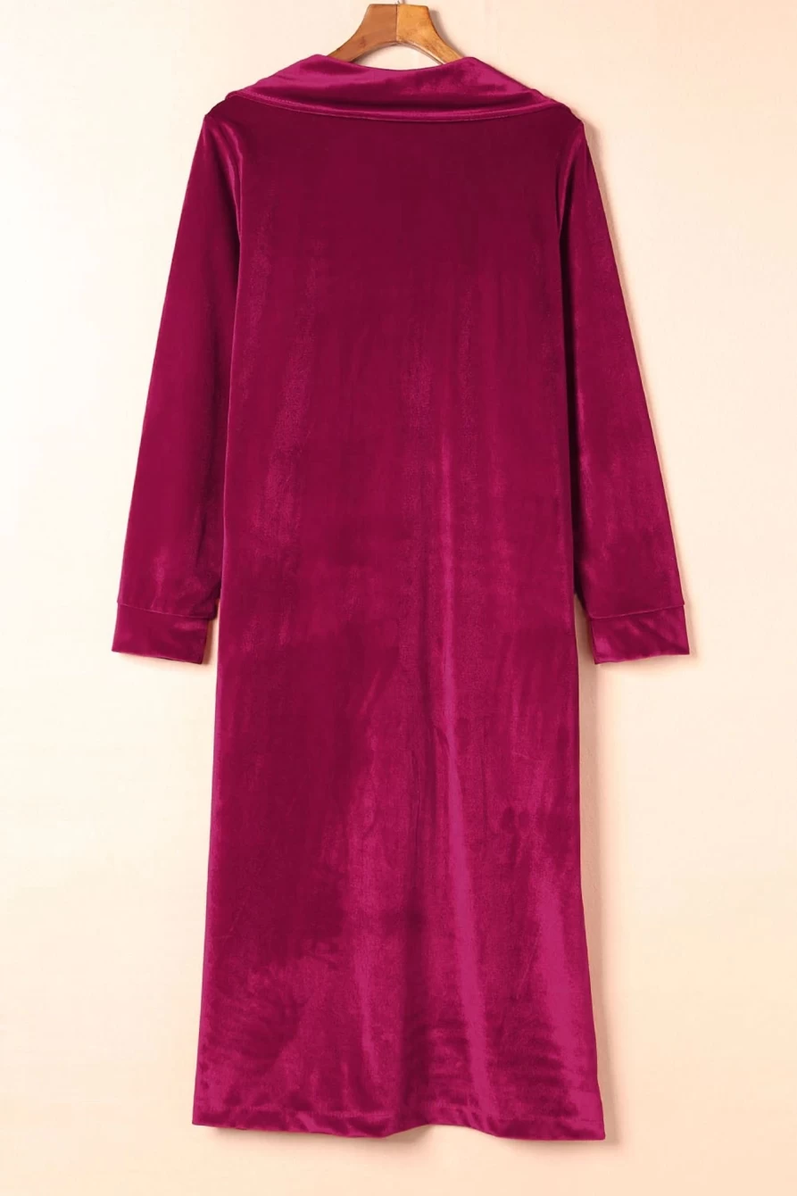 Shewin Women's Red Velvet Casual Long Coat with Lapel Pocket