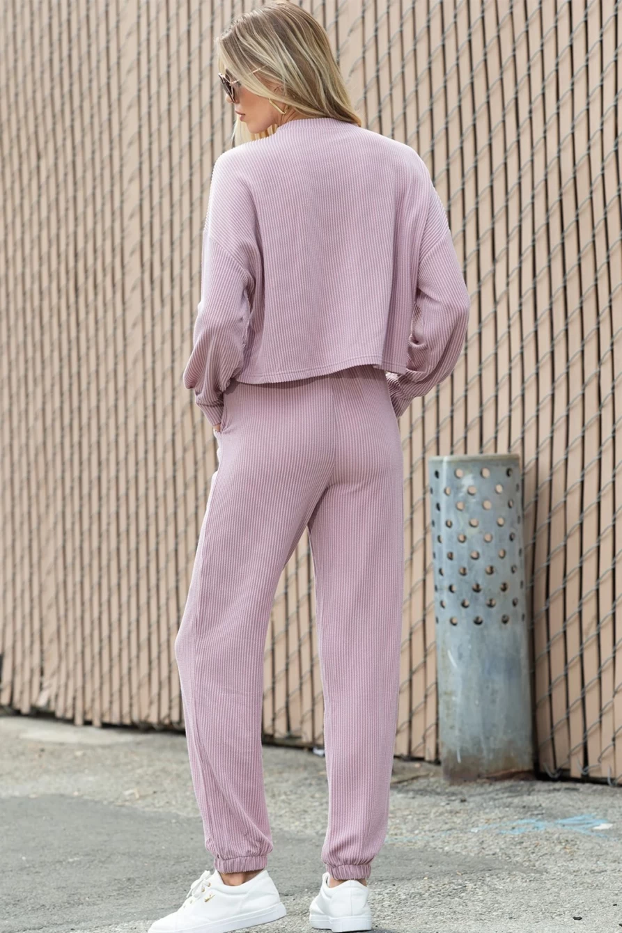 Shewin Women's Apricot Powder Corduroy Lantern Sleeve Pullover and Joggers Set