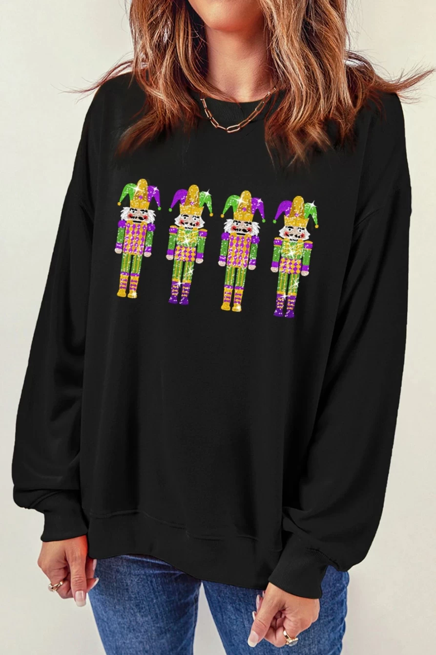 Shewin Women's Black Casual Nutcracker Mardi Gras Graphic Sweatshirt