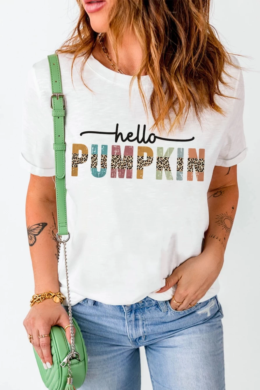 "Shewin Women's White Hello Pumpkin Halloween Graphic Crewneck T-Shirt"