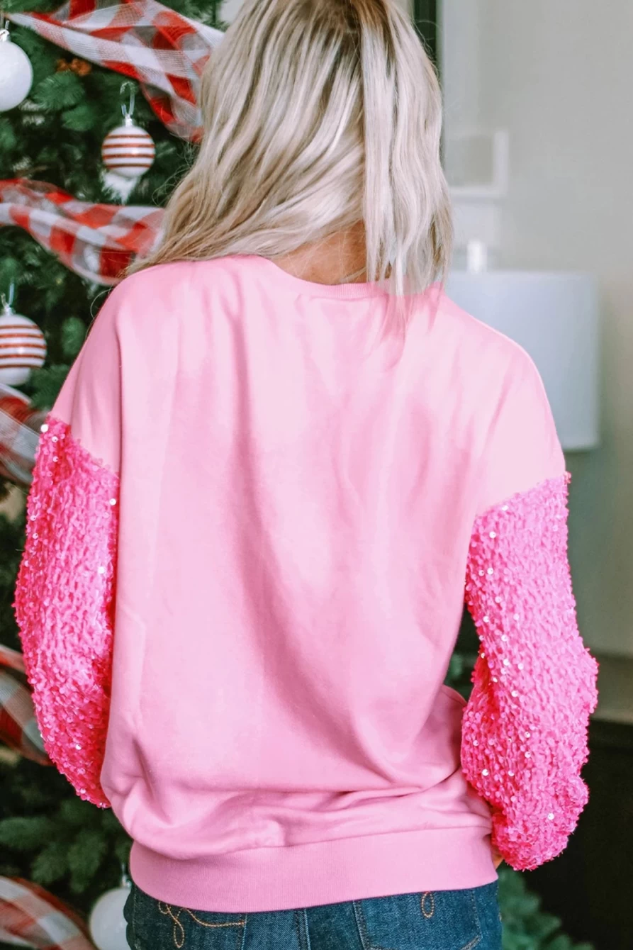 Shewin Women's Pink Shiny Goblet Graphic Drop Shoulder Top with Sequin Sleeves