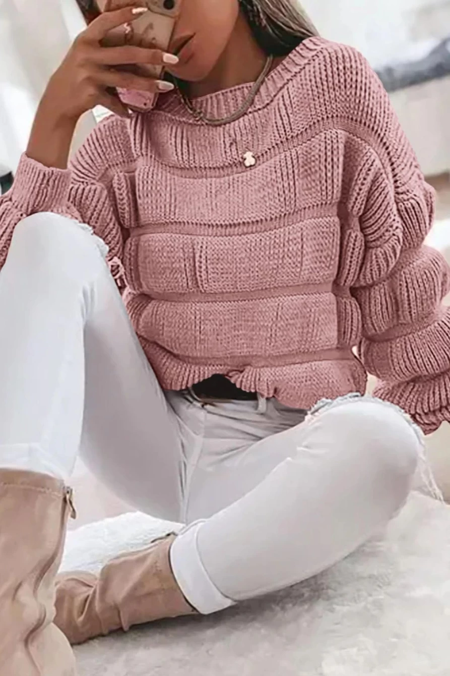 Shewin Women's Rose Tan Chunky Knit Sweater with Long Puff Sleeves