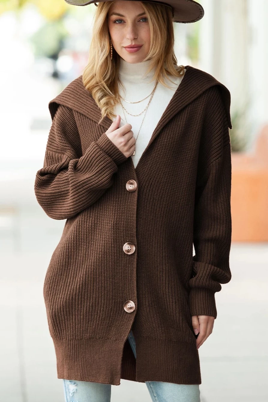 "SheWin Women's Brown Chunky Knit Cardigan with Pockets – Oversized Button-Up Sweater"