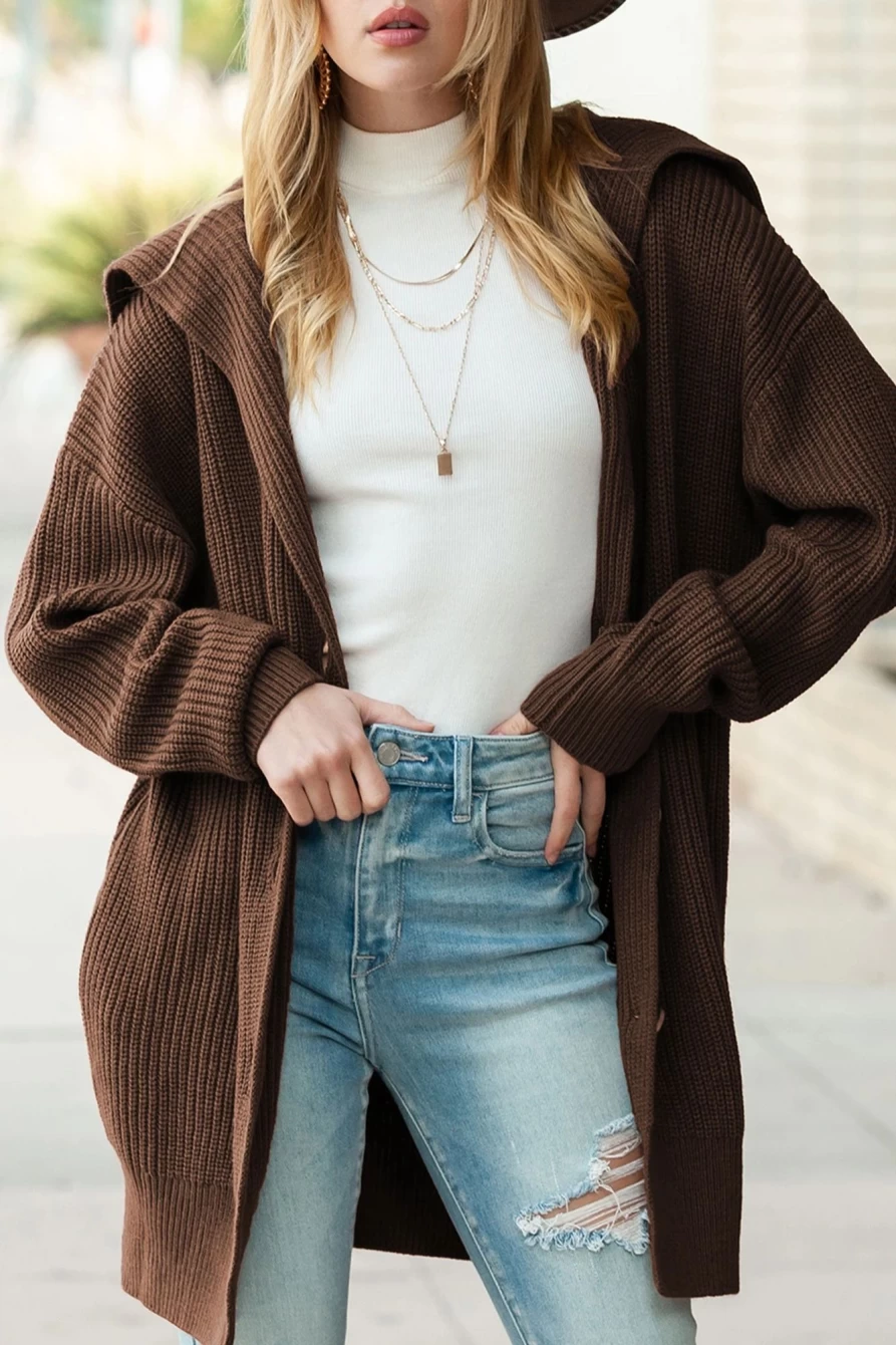"SheWin Women's Brown Chunky Knit Cardigan with Pockets – Oversized Button-Up Sweater"