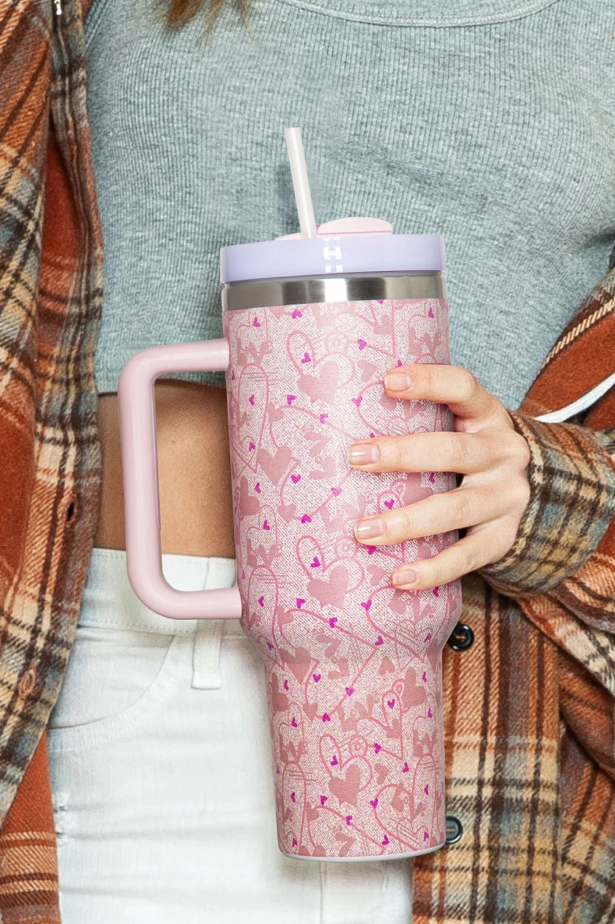 Shewin Women's Apricot Pink Valentine Heart Print Stainless Steel Vacuum Insulated Tumbler
