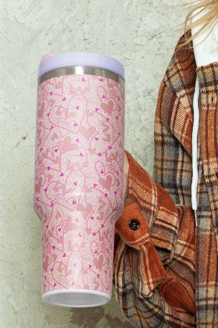 Shewin Women's Apricot Pink Valentine Heart Print Stainless Steel Vacuum Insulated Tumbler