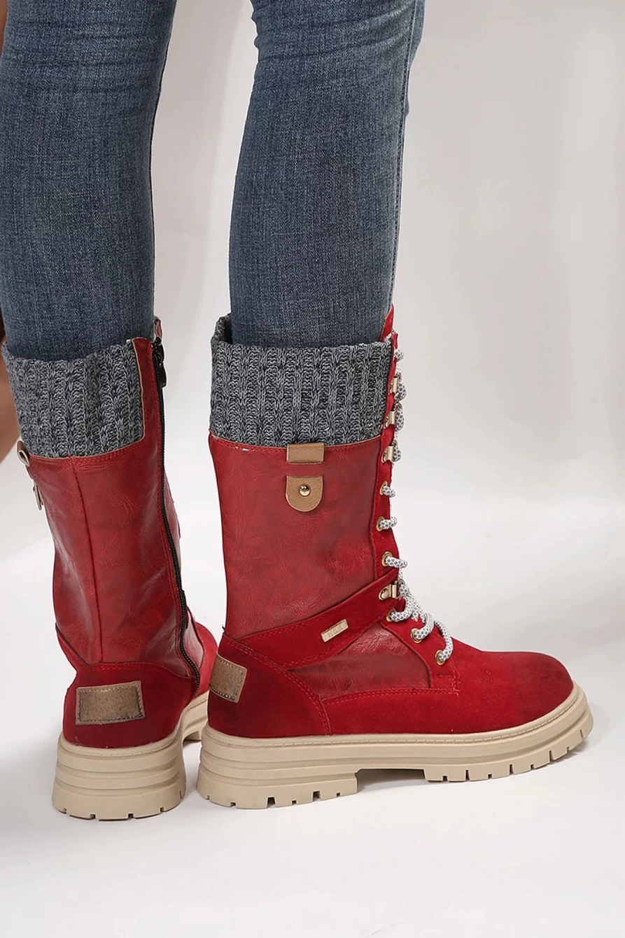 Shewin Women's Red Wool Knit Patchwork Lace-Up Leather Boots