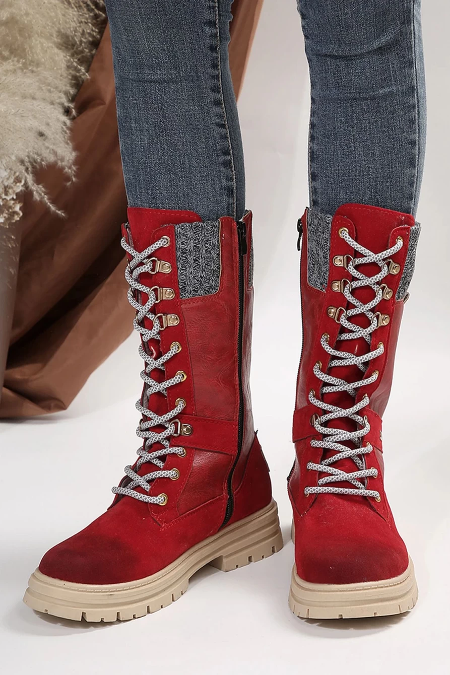 Shewin Women's Red Wool Knit Patchwork Lace-Up Leather Boots