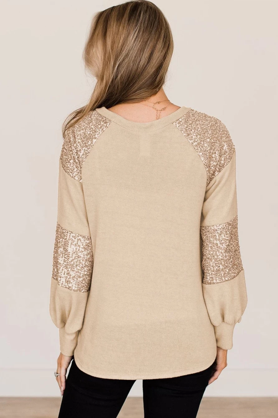 Shewin Women's Flaxen Sequin Patched Round Neck Long Sleeve Top