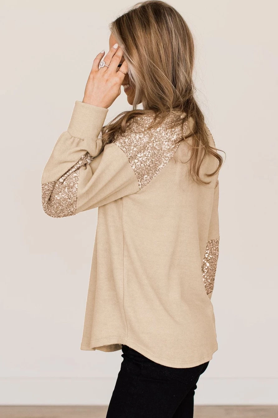 Shewin Women's Flaxen Sequin Patched Round Neck Long Sleeve Top