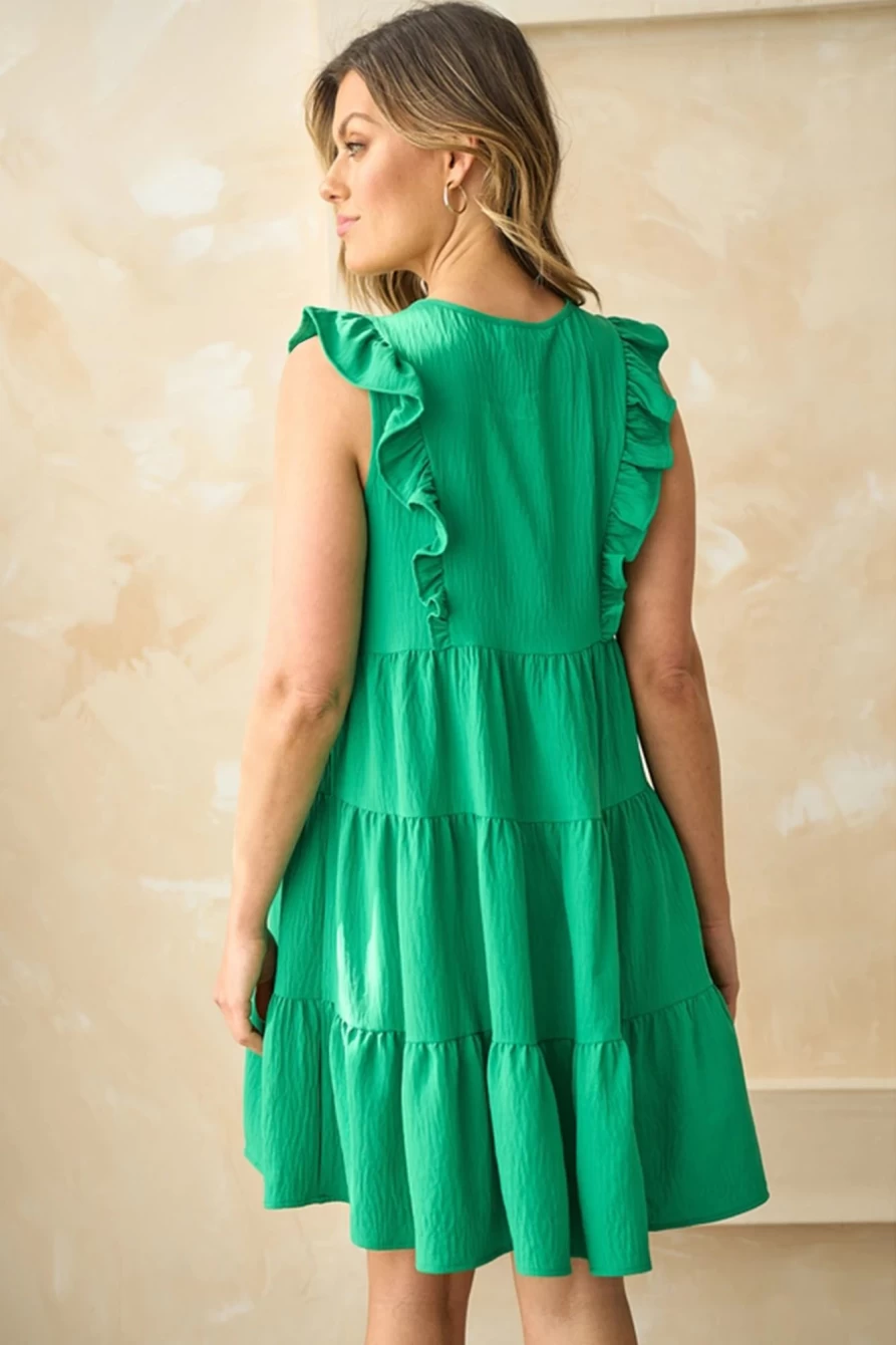 Shewin Women's Bright Green V-Neck Ruffle Tiered Mini Dress - Flowy Summer Party Outfit