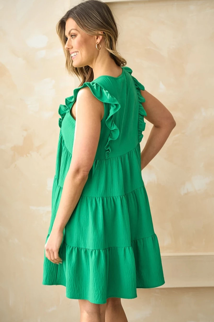 Shewin Women's Bright Green V-Neck Ruffle Tiered Mini Dress - Flowy Summer Party Outfit