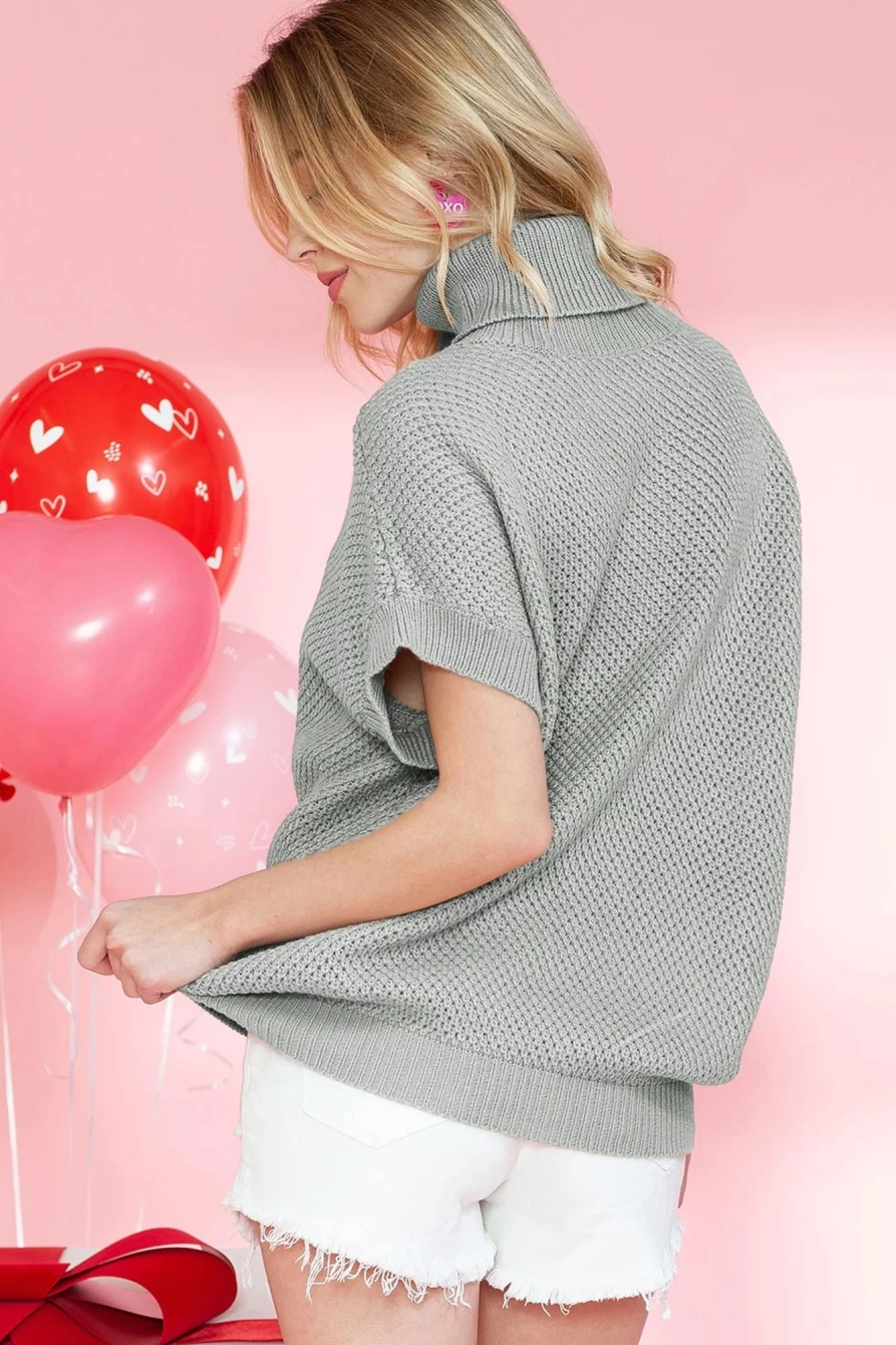 Women's Light Grey Turtleneck Knit Short Sleeve Sweater - SHEWIN