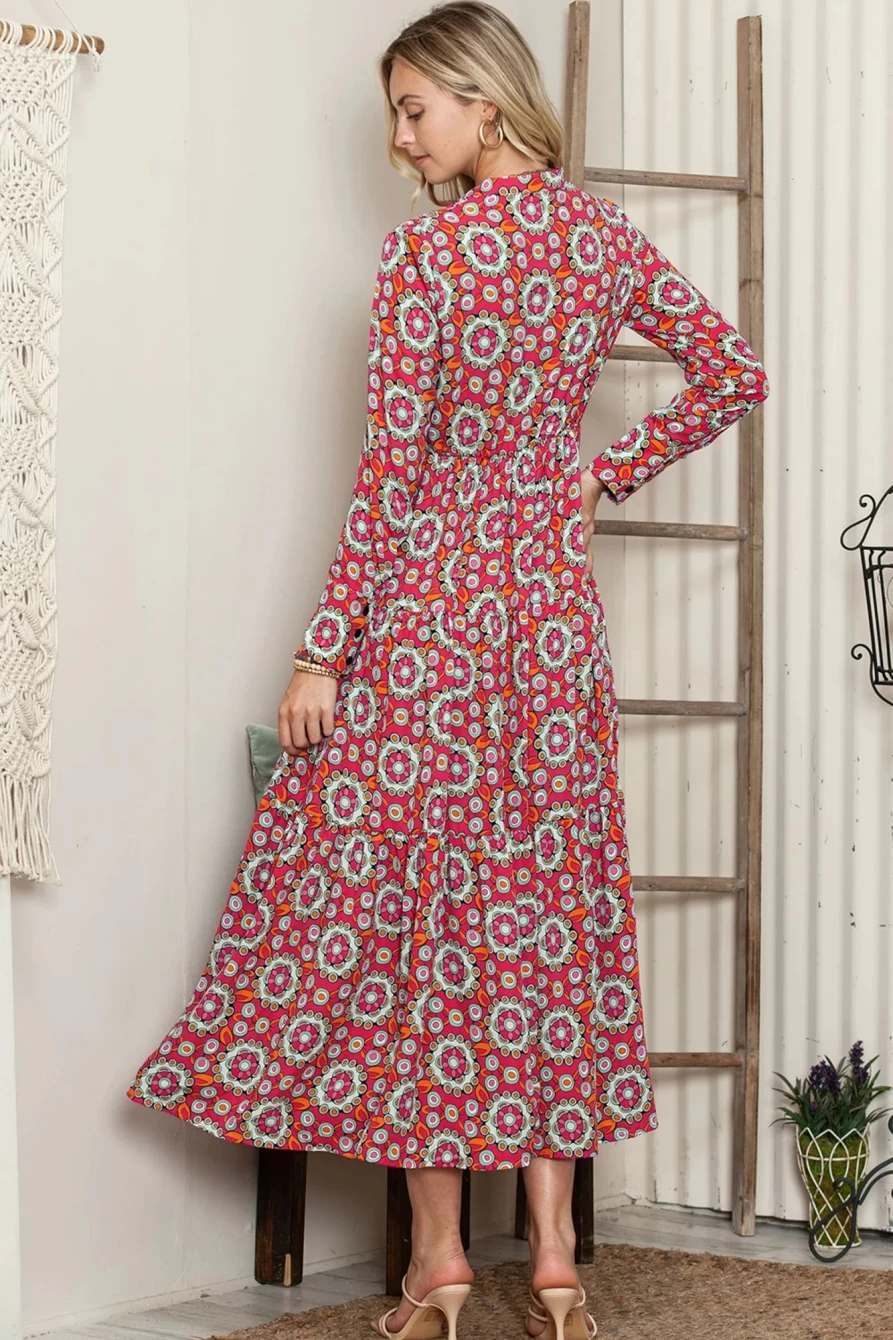 Shewin Women's Red Floral Print Long Sleeve Maxi Dress with Bodice Detail