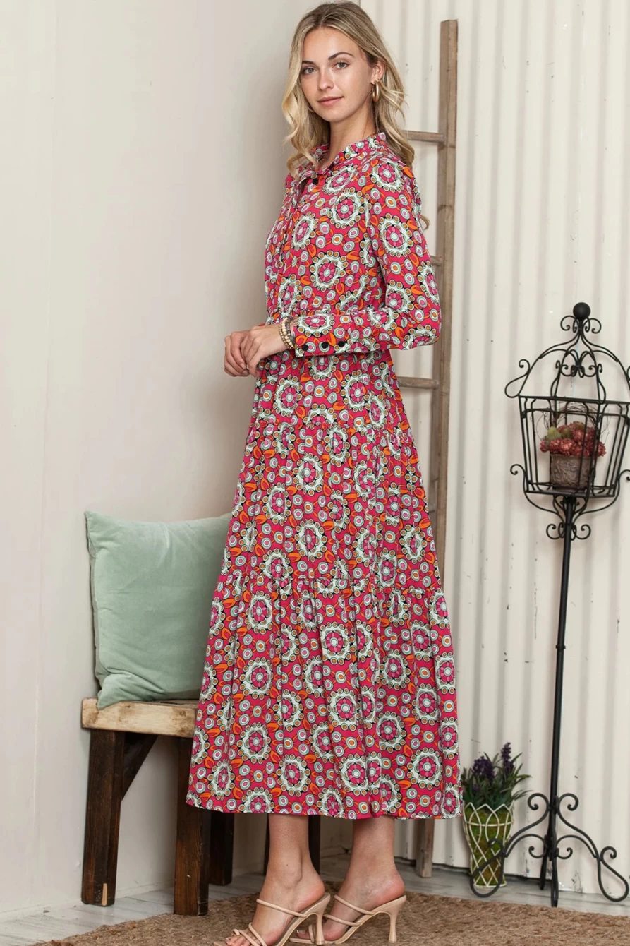 Shewin Women's Red Floral Print Long Sleeve Maxi Dress with Bodice Detail