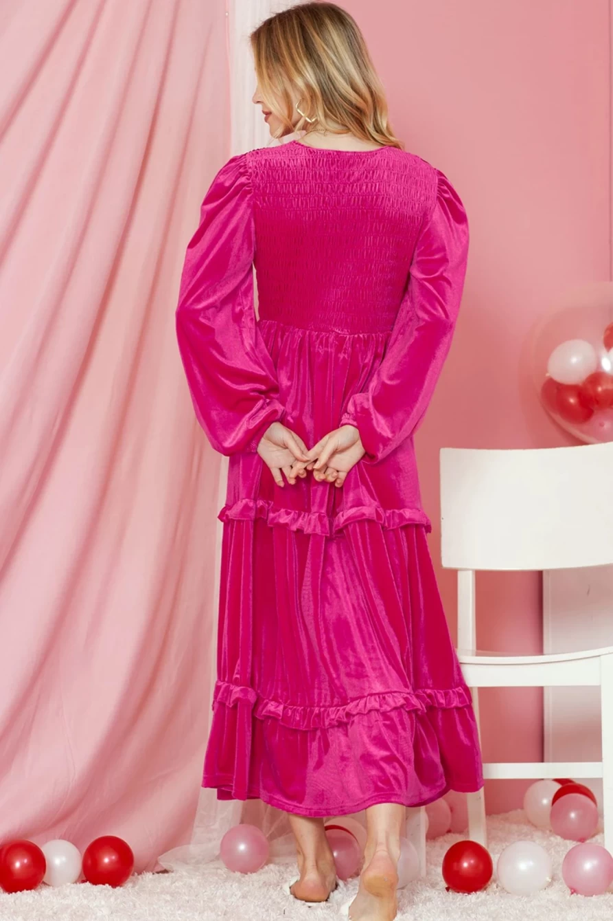 Shewin Women's Rose Red Velvet Shirred V-Neck Long Sleeve Dress