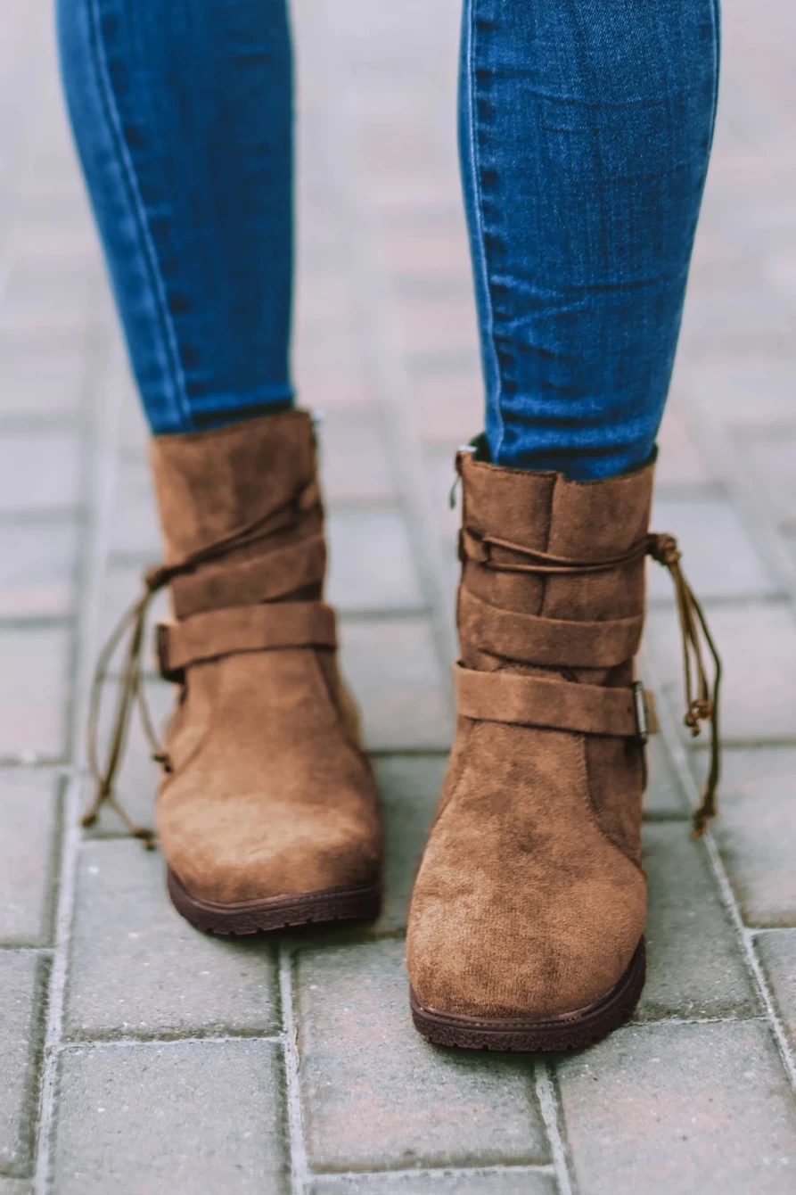 Shewin Women's Brown Faux Suede Ankle Boots with Zip-Up & Buckle Straps