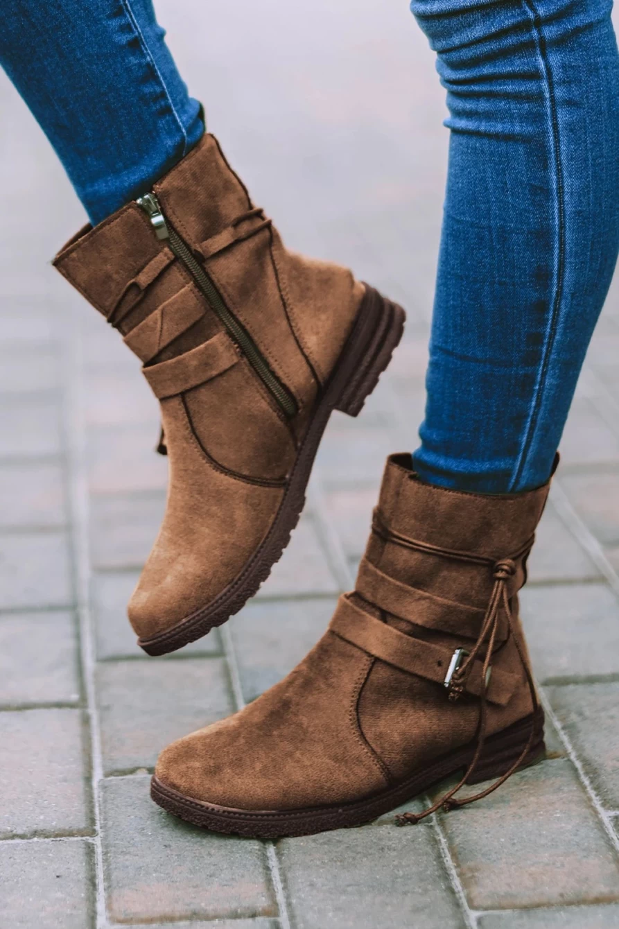 Shewin Women's Brown Faux Suede Ankle Boots with Zip-Up & Buckle Straps