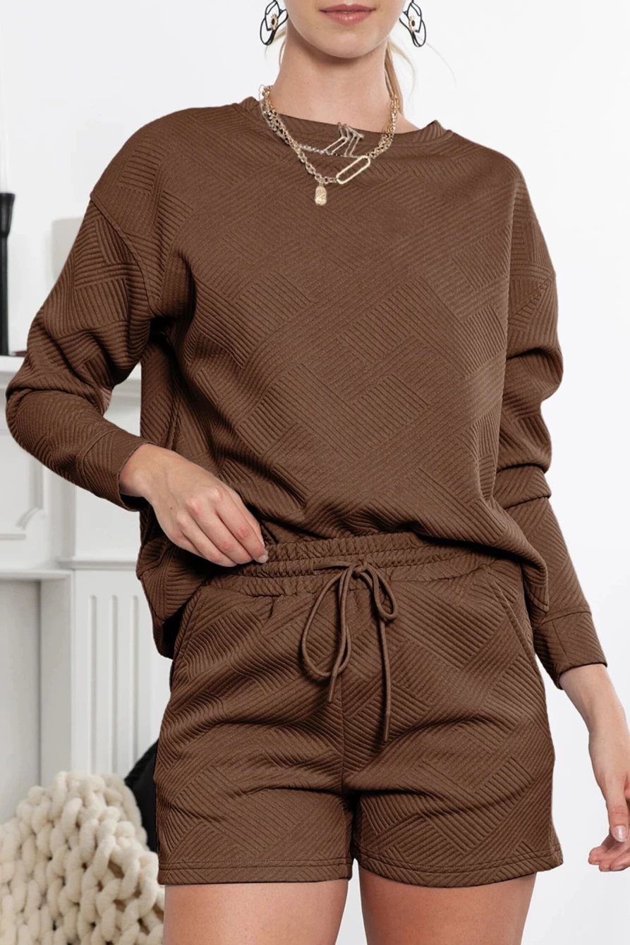 Shewin Women's Brown Textured Long Sleeve Top & Drawstring Shorts Set