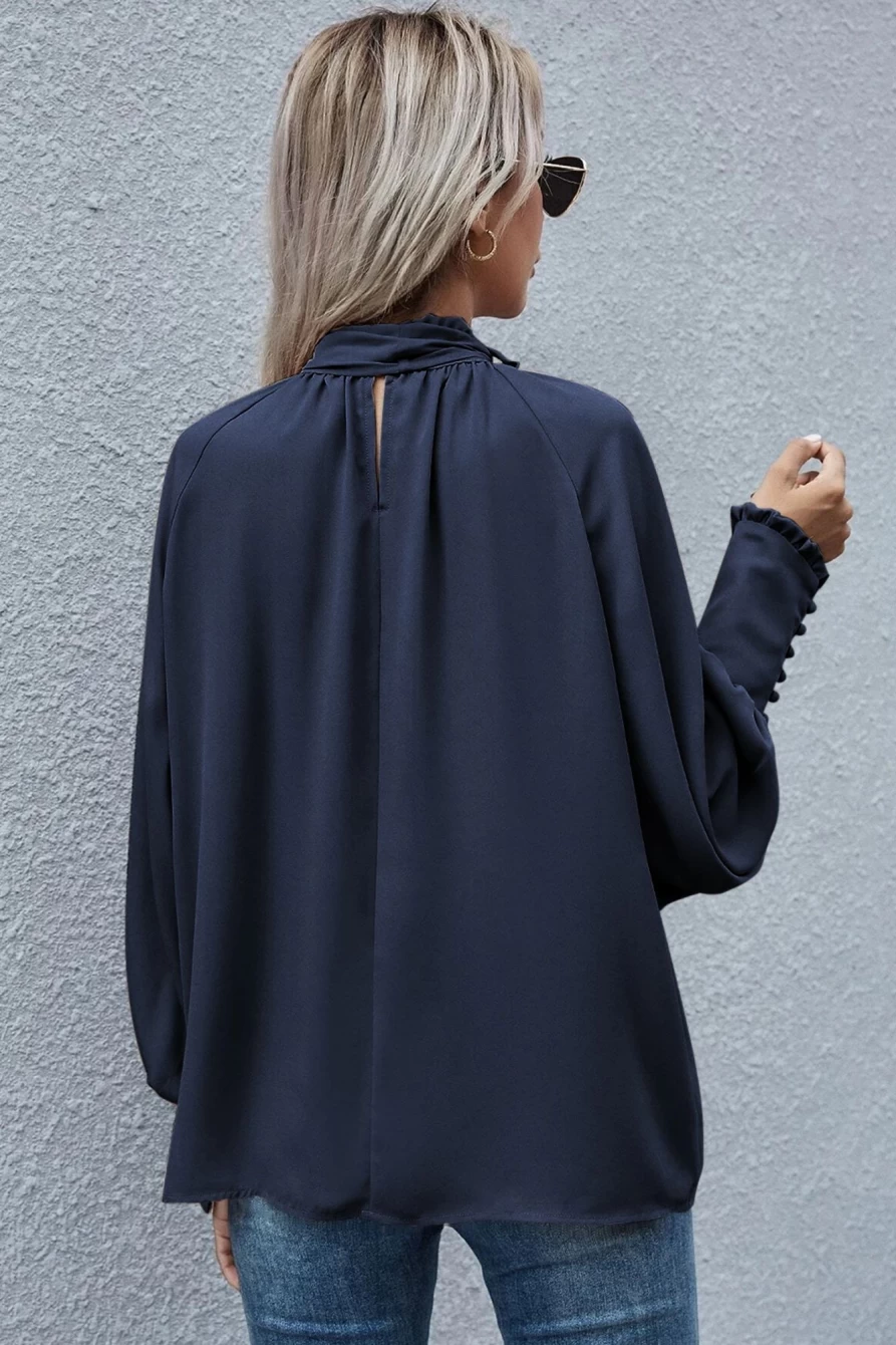 Shewin Women's Navy Blue Satin Blouse with Bishop Sleeves, Buttoned Cuffs & Tie Neck