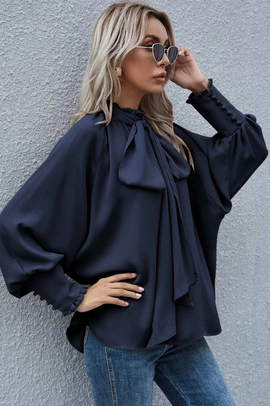 Shewin Women's Navy Blue Satin Blouse with Bishop Sleeves, Buttoned Cuffs & Tie Neck