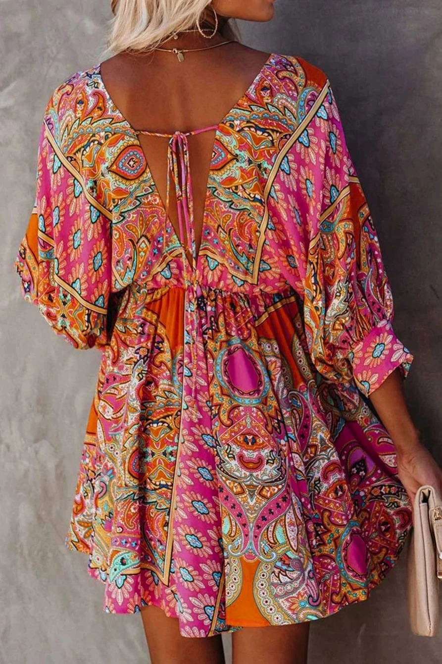 Shewin Women's Multicolor Boho Dress with Plunge Neckline, 3/4 Sleeve & Tie Back Design