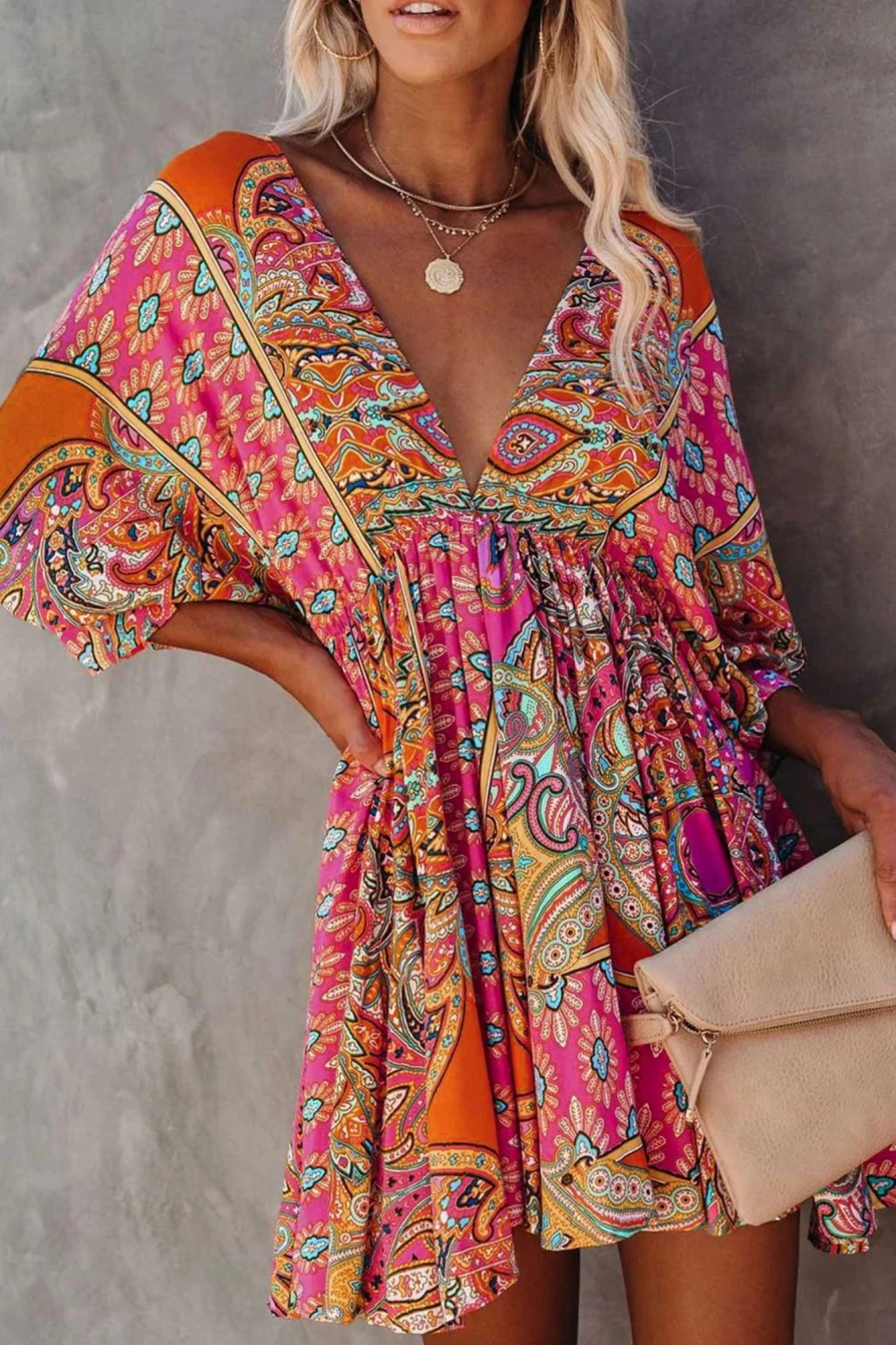 Shewin Women's Multicolor Boho Dress with Plunge Neckline, 3/4 Sleeve & Tie Back Design
